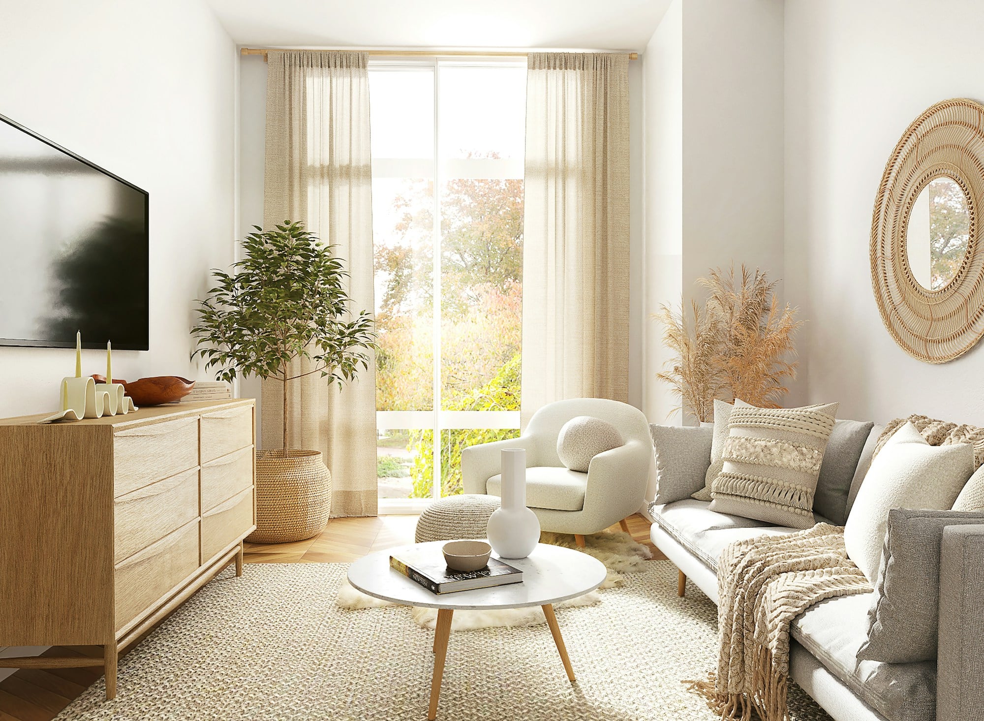 Bright living room with a cream sofa, an oak sideboard, a boucle armchair and a round coffee table beside tall curtains